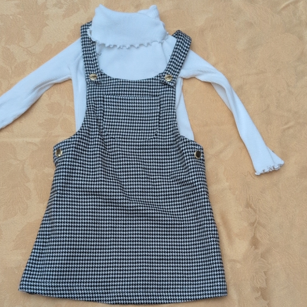 Black and White Houndstooth Pinafore Dress with White Turtleneck